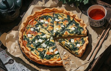 Wall Mural - Delicious spinach quiche served on a wooden table with a slice removed