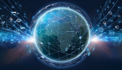 Generated image Illustration of a global internet network encircling the planet, with data exchanges