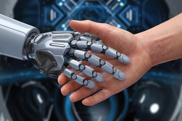 Leinwandbilder - A robotic hand shakes a human hand, symbolizing collaboration between humans and AI in a futuristic technological setting.