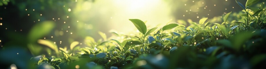 Wall Mural - Lush tea fields basking in golden sunlight during late afternoon in serene countryside setting