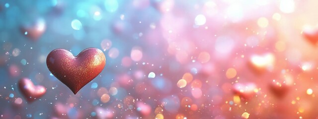 Poster - Colorful hearts float gently in a dreamy background of shimmering bokeh lights