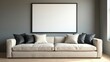 © Hikmat Studios - Modern Sofa in Minimalist Living Room with Blank Canvas on Gray Wall , For Mockup