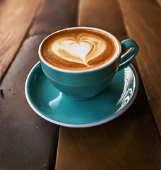 Wall Mural - A turquoise coffee cup with a heart-shaped latte art sits on a wooden table	