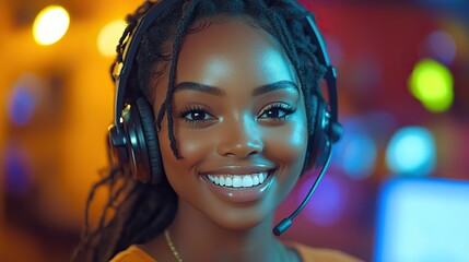 Wall Mural - Portrait of a smiling Black woman wearing a headset, working in tech support or customer service