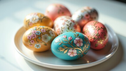 Colorful decorated Easter eggs on a plate, festive and artistic, spring celebration theme
