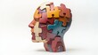 © NeuroFrame - Human head profile and jigsaw wooden puzzle, cognitive psychology or psychotherapy concept, mental health, brain problem, personality disorder, vector line design, psychological treatment
