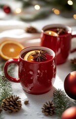 Wall Mural - Warm holiday drinks in festive red mugs surrounded by pinecones and ornaments