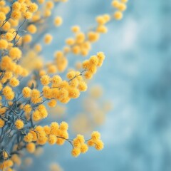 Poster - Beautiful yellow mimosa flowers blooming against a soft blue background in early spring sunlight