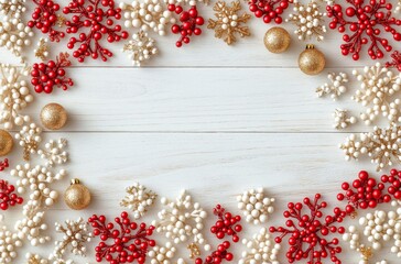 Wall Mural - Festive holiday decoration featuring red and white ornaments on wooden background