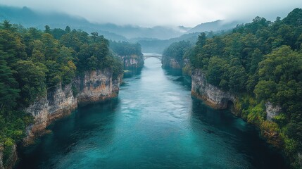 Wall Mural - Aerial view of a river flowing through a lush green canyon with a bridge.