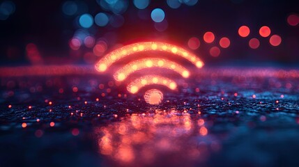 Wall Mural - wireless symbol and technology with internet network, neon bokeh background for connection, cyberspa