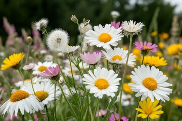 Wall Mural - Vibrant wildflower field showcases a variety of daisies, dandelions, and colorful blooms under a clear sky in springtime