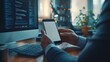 © arsyi_06 - Businessman using a blank smartphone at his desk in front of a computer screen displaying code.