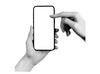 Wall Mural - Hand holding a smartphone with a blank screen, scrolling with a finger. Retro, vintage grayscale design with halftone texture. Vector illustration isolated on white background.