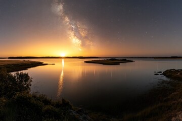 Sticker - Stunning sunset over the calm waters reflecting the Milky Way in a serene landscape