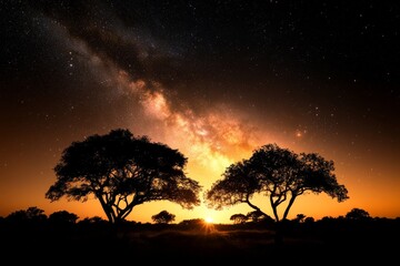 Sticker - Stunning sunset view with silhouetted trees and the Milky Way galaxy in the background