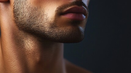 Man with a beard and mustache is shown in profile. Concept of confidence and masculinity, as the man's facial hair is well-groomed and accentuated