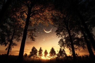 Sticker - Romantic twilight over a forest with a crescent moon and twinkling stars in the evening sky