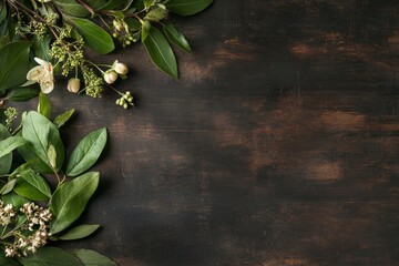 Wall Mural - Natural leaves and delicate flowers arranged on a rustic wooden surface in a calming aesthetic display