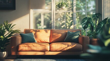 Brown couch is sitting in front of a window with a potted plant. The sunlight is shining through the window, creating a warm and inviting atmosphere. The room is decorated with various plants