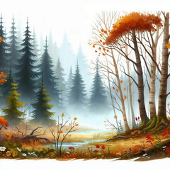 Wall Mural - Colorful autumn forest with vibrant foliage and misty background at dawn