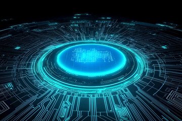glowing blue circle with binary code on a circuit board. concept of technology, data processing, dig