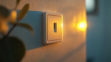 Close-up of a modern white electrical outlet in a wall, illuminated by warm sunset light.