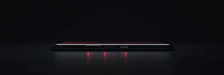 Wall Mural - Sleek black smartphone on dark surface with red light reflection.