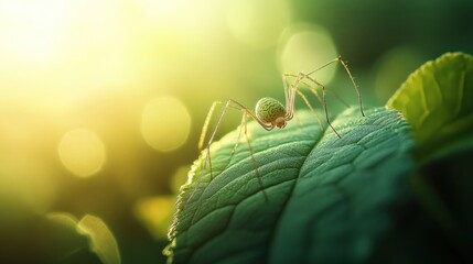 Green spider on leaf in sunlight.
