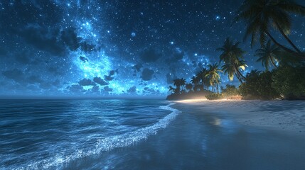 Wall Mural - A serene and enchanting night-time beach scene with a star-filled sky.