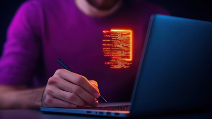 programmer writing code on laptop, illuminated by glowing text