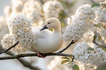 Wall Mural - White duck resting among blooming white flowers on a sunny day in spring