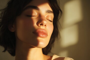 Wall Mural - Sunlight softly illuminates a woman's face creating a serene and peaceful atmosphere during the afternoon