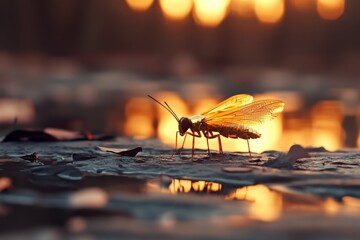 Wall Mural - Close-up view of a dragonfly resting on wet leaves during sunset over a calm water surface