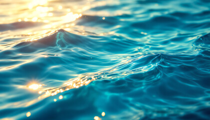 Wall Mural - Rippling turquoise blue water with sunlight reflecting on the surface, creating a serene and tranquil scene, surrounded by lush green mountains under clear blue skies.