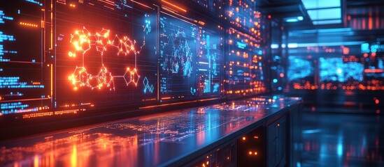 Futuristic control room with glowing screens displaying complex data and molecular structures.