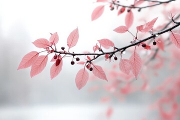 Wall Mural - Delicate pink leaves with raindrops on a branch in a serene, misty landscape at dawn