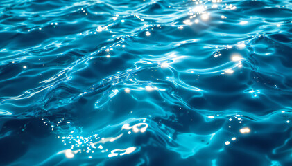 Wall Mural - Water surfaces with gentle waves, reflecting sunlight, creating a shimmering effect with various shades of blue and hints of white highlights.
