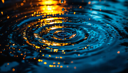 Wall Mural - Water surfaces with ripples and droplets, are illuminated by warm orange and cool blue light, creating a contrasting effect.