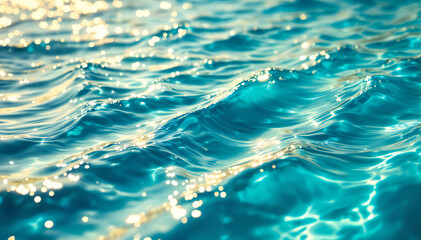 Wall Mural - Clear turquoise water with gentle waves and sparkling reflections of light on the surface. The image captures the fluid motion and texture of the water, creating a vibrant and refreshing appearance, s