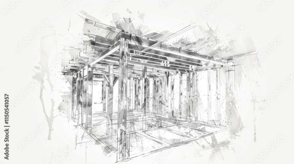 Architectural drawing of a building's interior framework, with ...