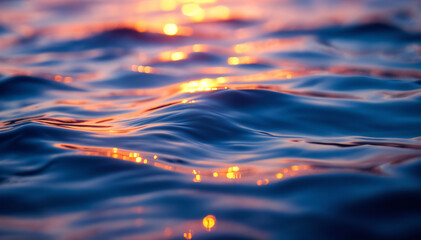 Wall Mural - Water surfaces with gentle waves reflecting warm orange and cool blue tones, creating a shimmering effect in the light.