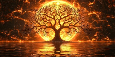 Wall Mural - Tree is in the water with a large orange moon in the background