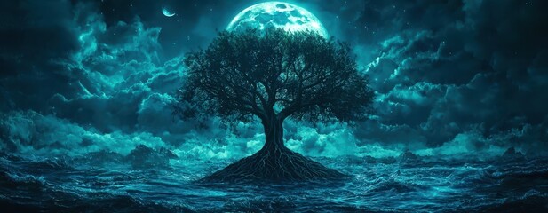 Wall Mural - Tree is in the water with a full moon in the background