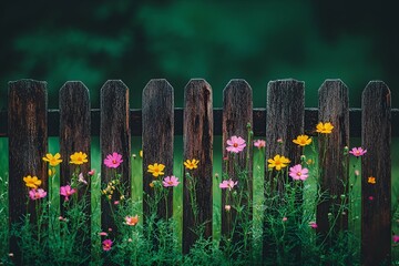 Vivid wildflowers growing along a rustic wooden fence in a lush green countryside setting