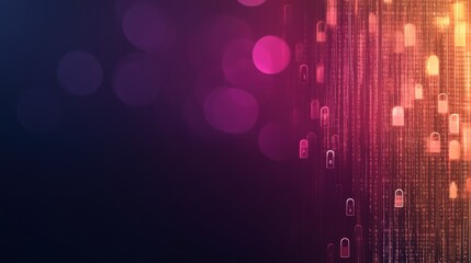 Digital locks and binary code lines on a gradient purple and orange background. Abstract cybersecurity and data protection concept.