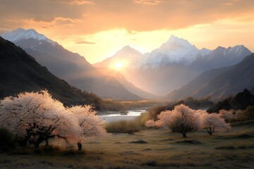 Wall Mural - Beautiful sunset over blooming cherry trees with majestic mountains in the background