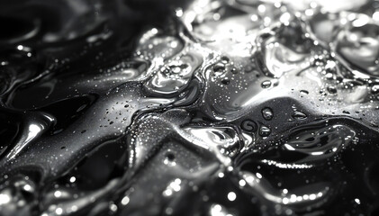 Wall Mural - A close-up view of a textured surface resembling flowing liquid, featuring smooth, undulating waves in shades of gray. The surface has a glossy finish with highlights reflecting light, creating a se.