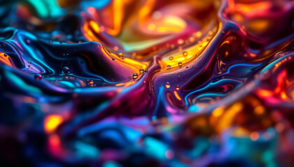 Wall Mural - A close-up view of swirling liquid with vibrant colors including purple, featuring glossy textures and small droplets of water reflecting colors. The overall appearance is fluid and dynamic, resembl