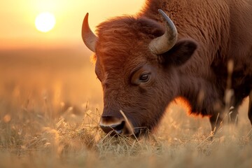 Canvas Print - Bison grazing in golden grasslands during sunset